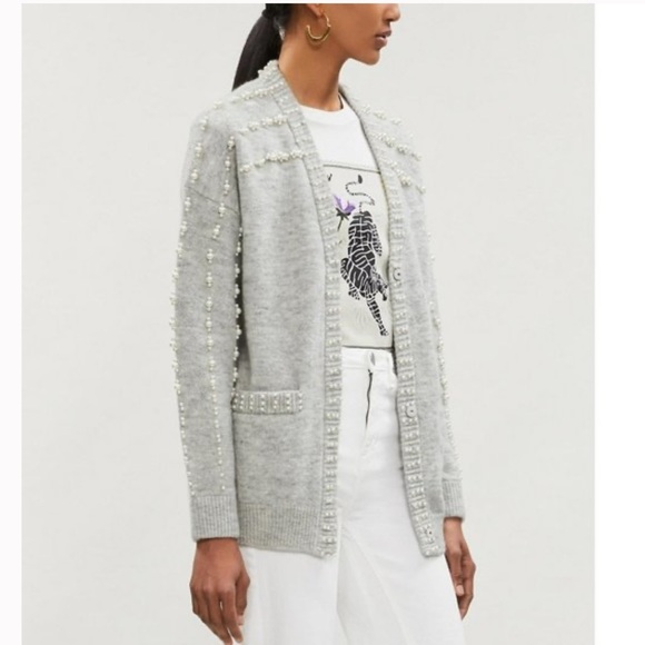 Maje Sweaters - Maje Pearl Embellished Light Grey Knitted Cardigan